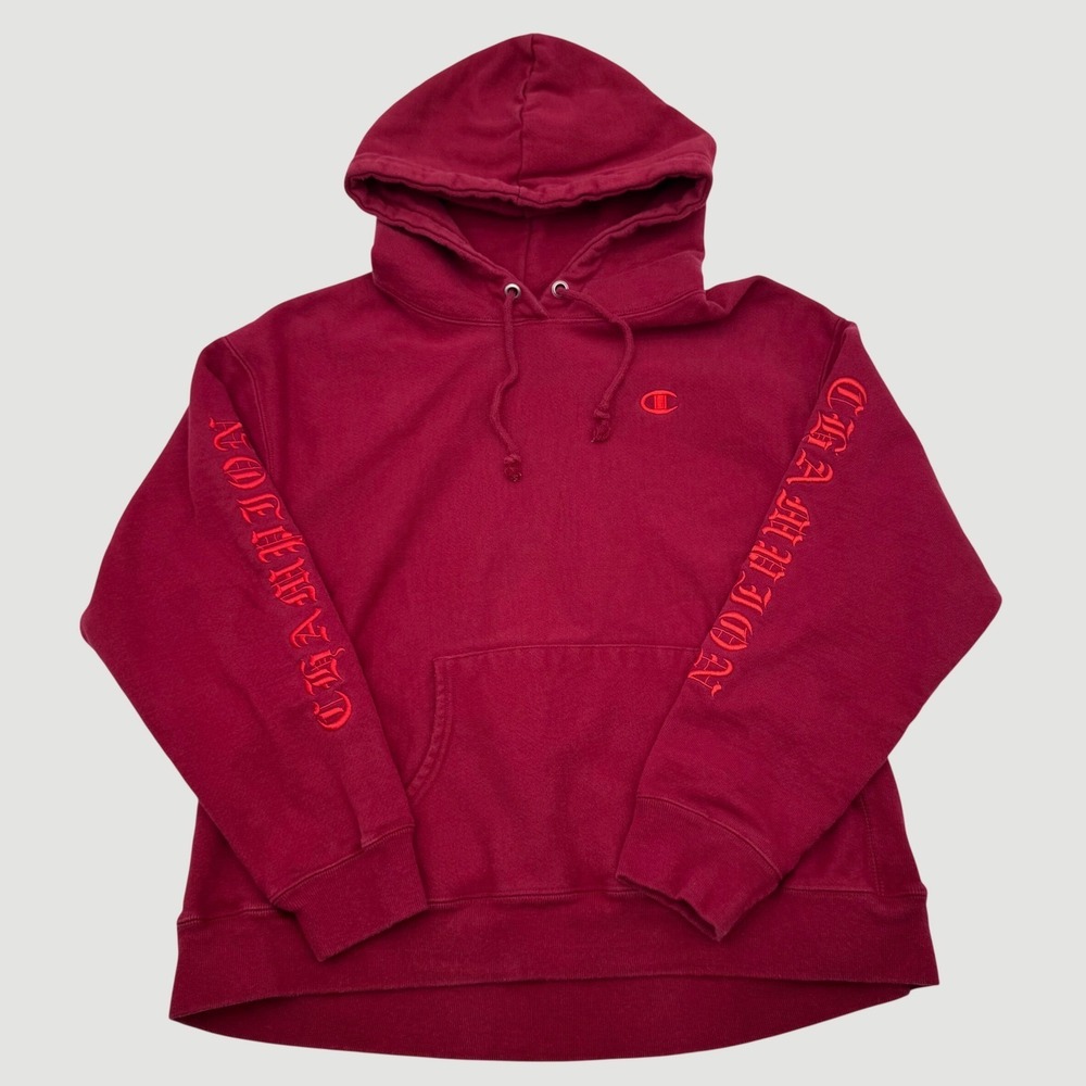 Vintage Y2K Champion Reverse Weave Hoodie Maroon Old English Sleeve Logo XL